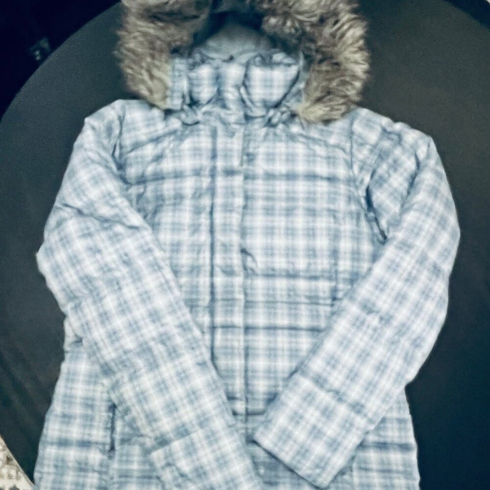 Columbia Blue and Gray Plaid Winter Down Jacket Size M EUC